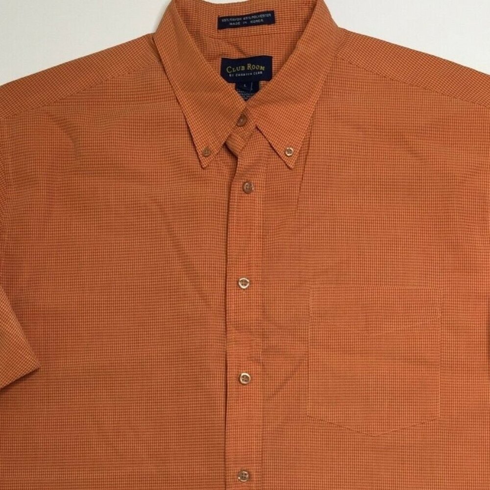 Club Room Mens Checkered Button Up Short Sleeve Collared Shirt Orange Size Large